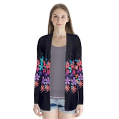 Coorful Flower Design On Black Background Drape Collar Cardigan by GabriellaDavid