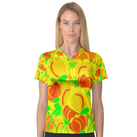 Yellow Garden Women s V-neck Sport Mesh Tee by Valentinaart