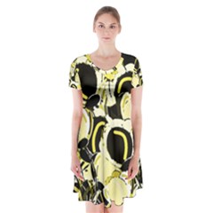 Yellow Abstract Garden Short Sleeve V-neck Flare Dress