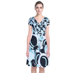 Blue Abstract  Garden Short Sleeve Front Wrap Dress