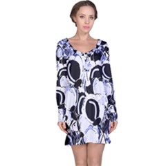 Blue Abstract Floral Design Long Sleeve Nightdress