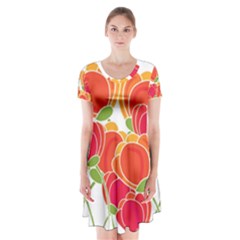 Orange Flowers  Short Sleeve V-neck Flare Dress