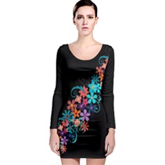 Coorful Flower Design On Black Background Long Sleeve Bodycon Dress