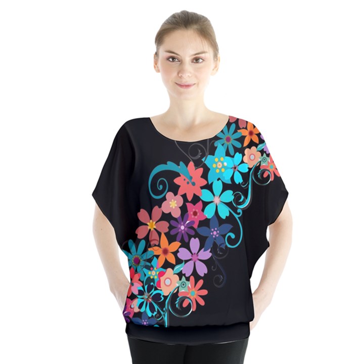 Coorful Flower Design On Black Background Blouse