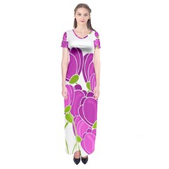 Purple Flowers Short Sleeve Maxi Dress