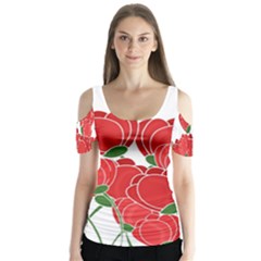 Red Floral Design Butterfly Sleeve Cutout Tee 