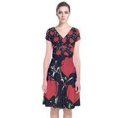 Red Roses Short Sleeve Front Wrap Dress