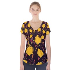 Yellow Roses  Short Sleeve Front Detail Top