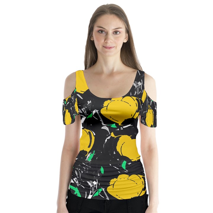 Yellow roses 2 Butterfly Sleeve Cutout Tee 