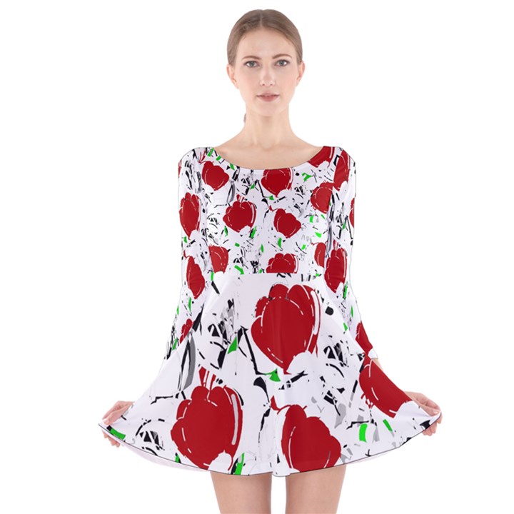 Red roses 2 Long Sleeve Velvet Skater Dress