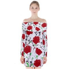 Red Roses 2 Long Sleeve Off Shoulder Dress