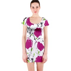 Magenta Roses Short Sleeve Bodycon Dress