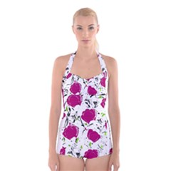 Magenta Roses Boyleg Halter Swimsuit 