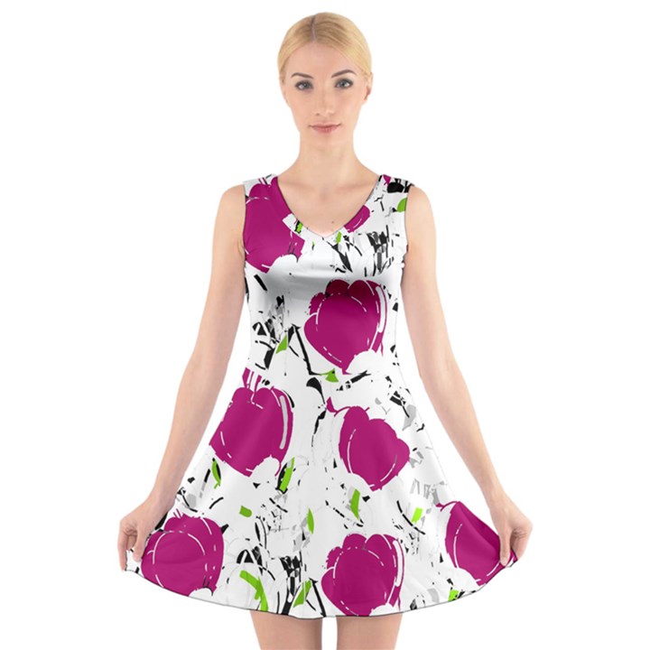 Magenta roses V-Neck Sleeveless Skater Dress