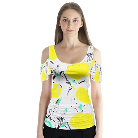 Yellow Roses 2 Butterfly Sleeve Cutout Tee  by Valentinaart