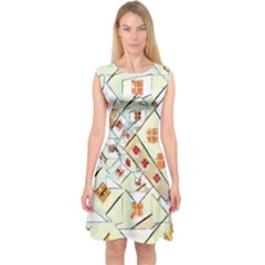 Multicolor Abstract Painting  Capsleeve Midi Dress