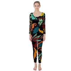 Colorful Leaves Design On Black Background  Long Sleeve Catsuit