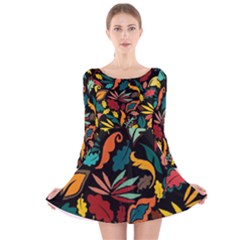 Colorful Leaves Design On Black Background  Long Sleeve Velvet Skater Dress