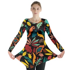 Colorful Leaves Design On Black Background  Long Sleeve Tunic  by GabriellaDavid