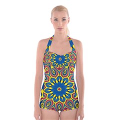 Yellow Flower Mandala Boyleg Halter Swimsuit  by designworld65