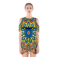 Yellow Flower Mandala Cutout Shoulder Dress