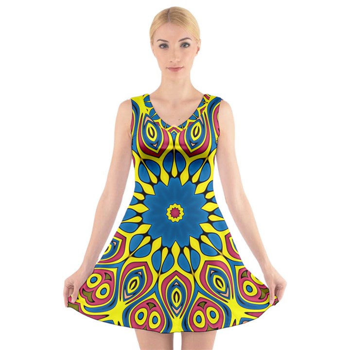 Yellow Flower Mandala V-Neck Sleeveless Skater Dress