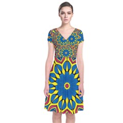 Yellow Flower Mandala Short Sleeve Front Wrap Dress by designworld65