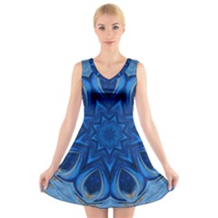 Blue Blossom Mandala V-neck Sleeveless Skater Dress by designworld65