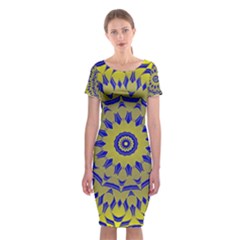 Yellow Blue Gold Mandala Classic Short Sleeve Midi Dress by designworld65