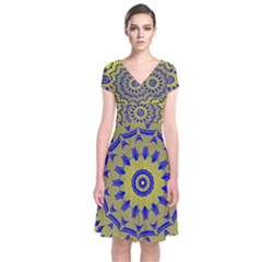 Yellow Blue Gold Mandala Short Sleeve Front Wrap Dress by designworld65