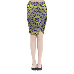 Yellow Blue Gold Mandala Midi Wrap Pencil Skirt