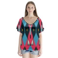 Triangles Stripes And Other Shapes            V-neck Flutter Sleeve Top