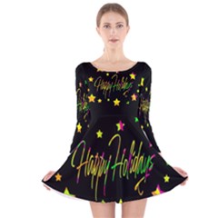 Happy Holidays 4 Long Sleeve Velvet Skater Dress by Valentinaart