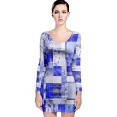 Blue And White Abstract Geometric Design  Long Sleeve Bodycon Dress by GabriellaDavid