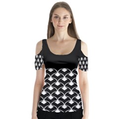 White And Black Geometric Design  Butterfly Sleeve Cutout Tee 