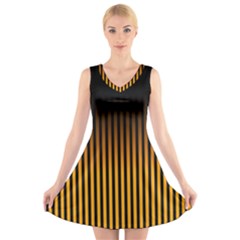 Elegant Black Brown Design With Yellow Golden Strips  V-neck Sleeveless Skater Dress