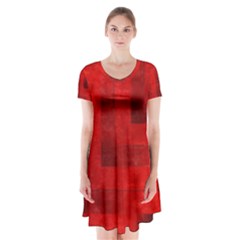 Beautiful Red Geometric Silk Optic Abstract Design  Short Sleeve V-neck Flare Dress