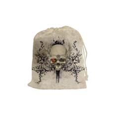 Awesome Skull With Flowers And Grunge Drawstring Pouches (medium) 