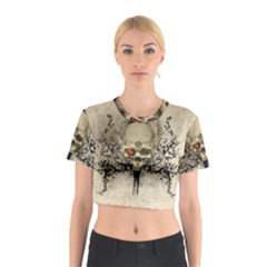 Awesome Skull With Flowers And Grunge Cotton Crop Top by FantasyWorld7