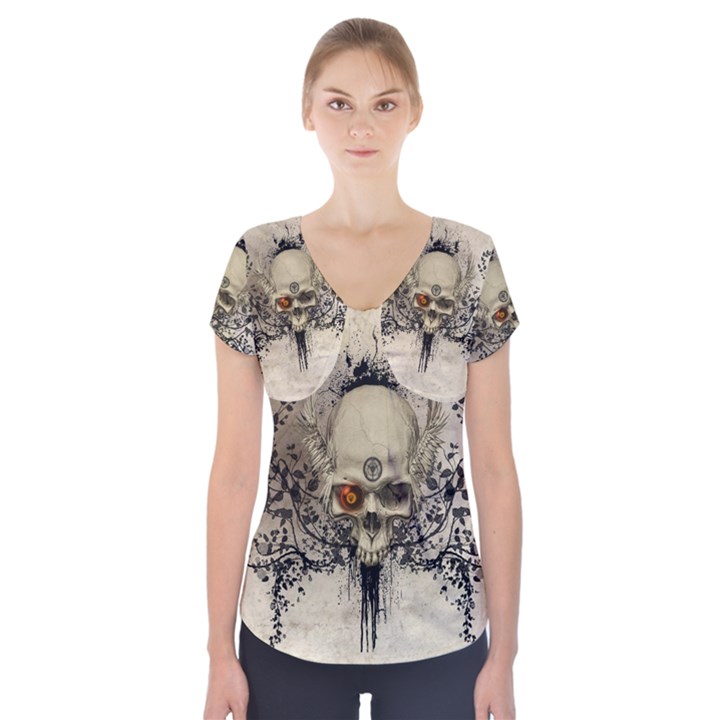 Awesome Skull With Flowers And Grunge Short Sleeve Front Detail Top