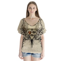 Awesome Skull With Flowers And Grunge Flutter Sleeve Top