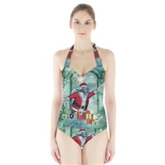 Funny Santa Claus In The Underwater World Halter Swimsuit by FantasyWorld7