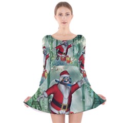 Funny Santa Claus In The Underwater World Long Sleeve Velvet Skater Dress