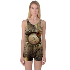 Wonderful Steampunk Design With Clocks And Gears One Piece Boyleg Swimsuit