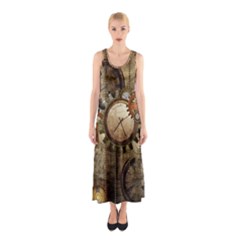 Wonderful Steampunk Design With Clocks And Gears Sleeveless Maxi Dress