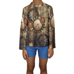 Wonderful Steampunk Design With Clocks And Gears Kids  Long Sleeve Swimwear