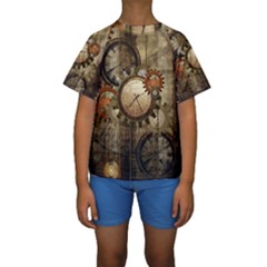 Wonderful Steampunk Design With Clocks And Gears Kids  Short Sleeve Swimwear