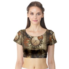 Wonderful Steampunk Design With Clocks And Gears Short Sleeve Crop Top (Tight Fit)