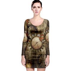 Wonderful Steampunk Design With Clocks And Gears Long Sleeve Bodycon Dress