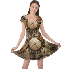 Wonderful Steampunk Design With Clocks And Gears Cap Sleeve Dresses